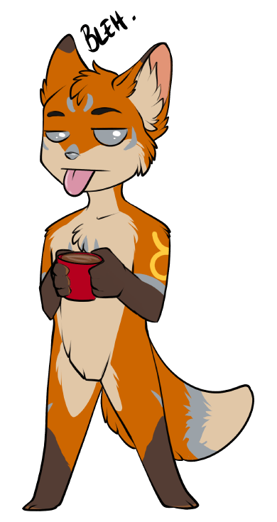 Terrence is going bleh, doing a derp, and holding a coffee. A Monday pose!