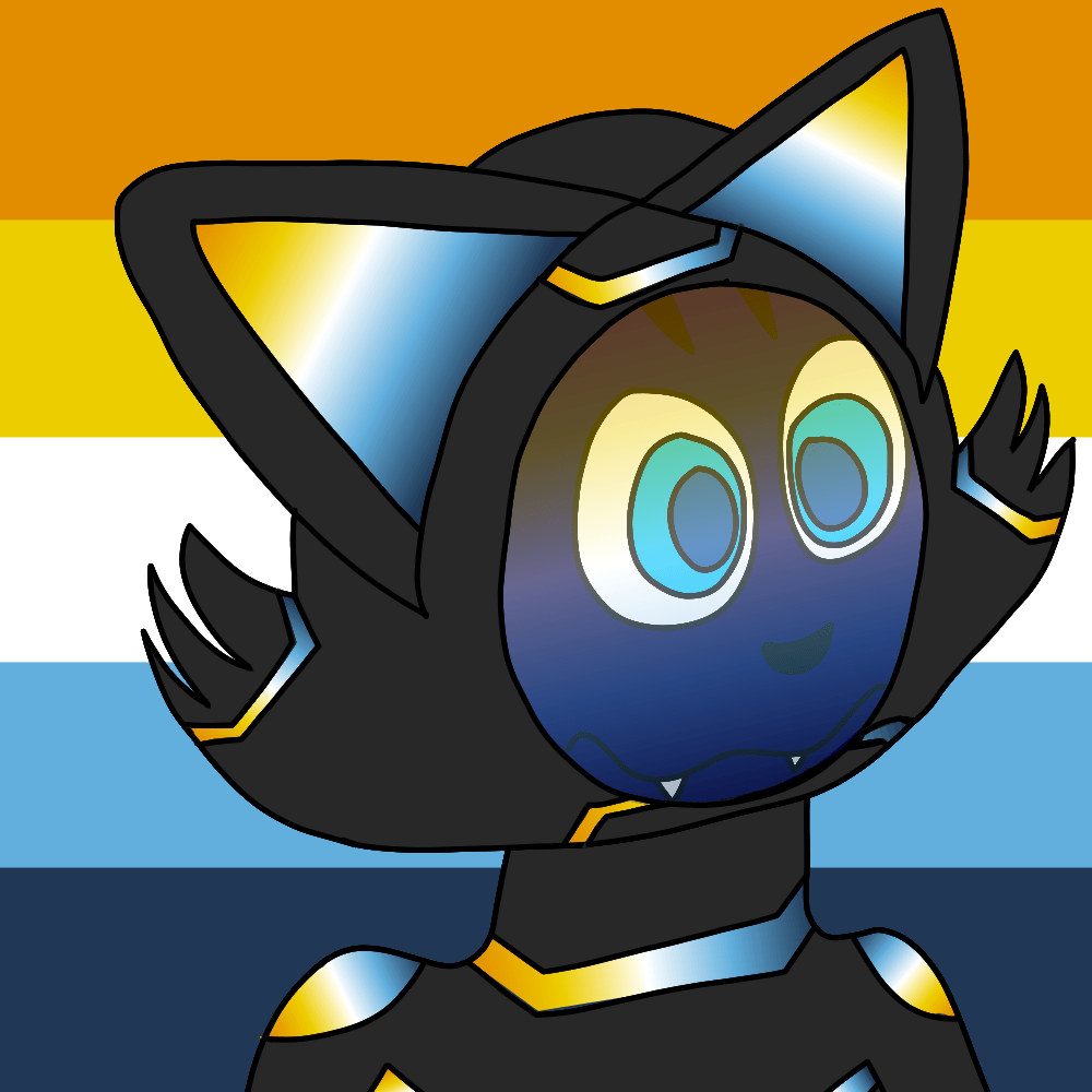 A blue cat wearing a dark grey suit glowing the colors of the aroace flag (orange, yellow, white, light blue, dark blue) on a aroace flag background